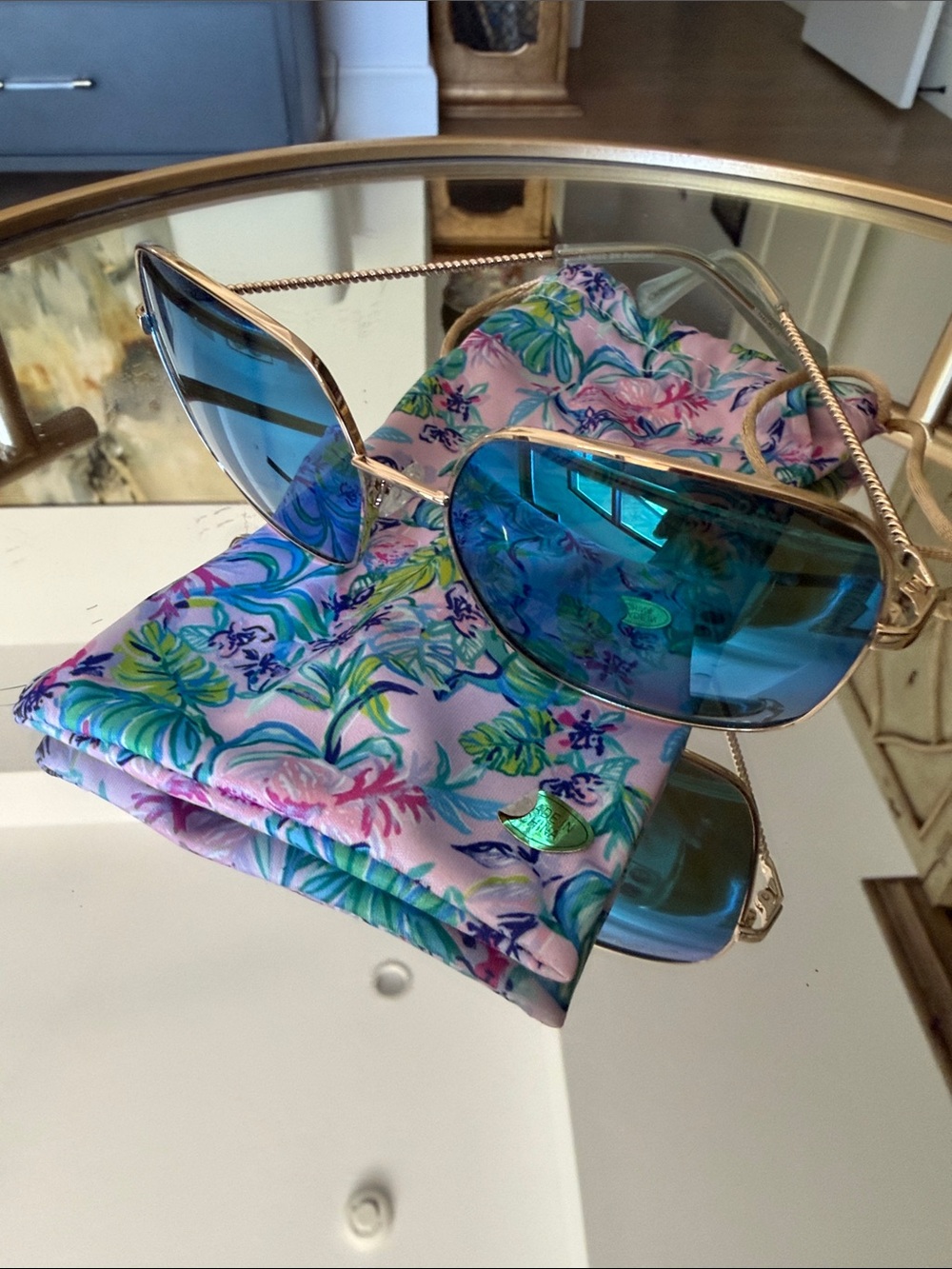 Lilly Pulitzer Gold Frame Sunglasses with Blue Lenses and Pink Floral Pouch